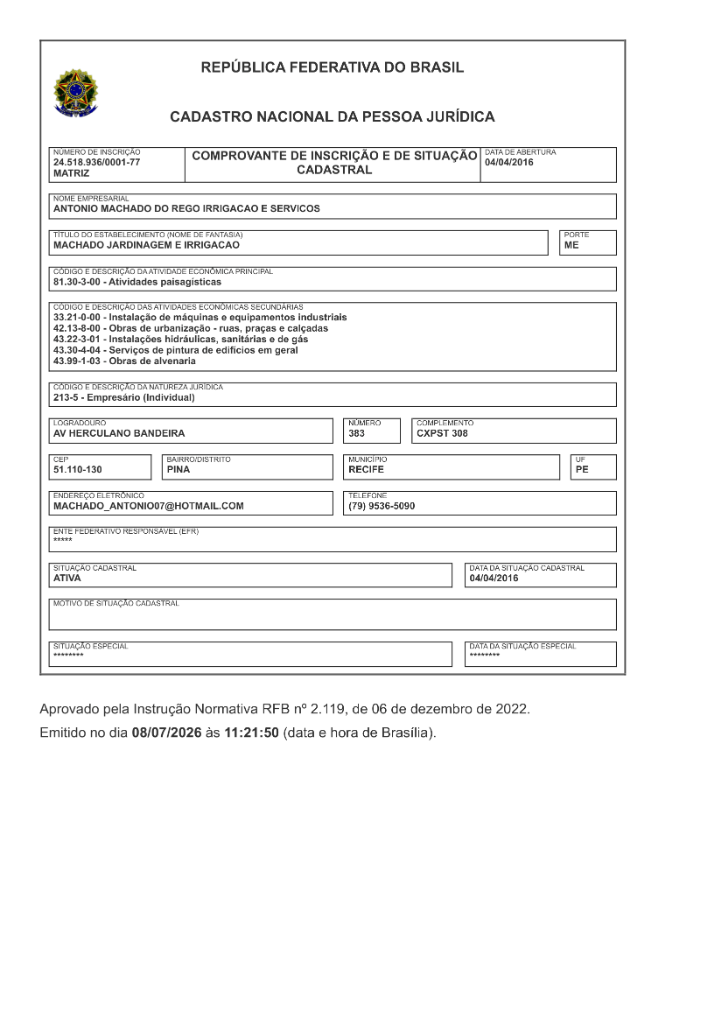 Comprovante de CNPJ - Machado Irrigação